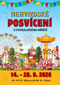Plakát, na kterém jsou barevné kolotoče a modré nebe a nápis Nehvizdské posvícení
