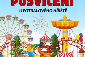 Plakát, na kterém jsou barevné kolotoče a modré nebe a nápis Nehvizdské posvícení