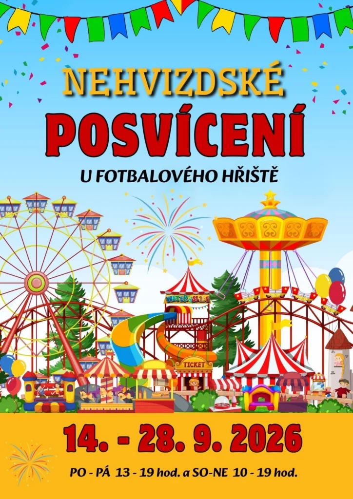 Plakát, na kterém jsou barevné kolotoče a modré nebe a nápis Nehvizdské posvícení